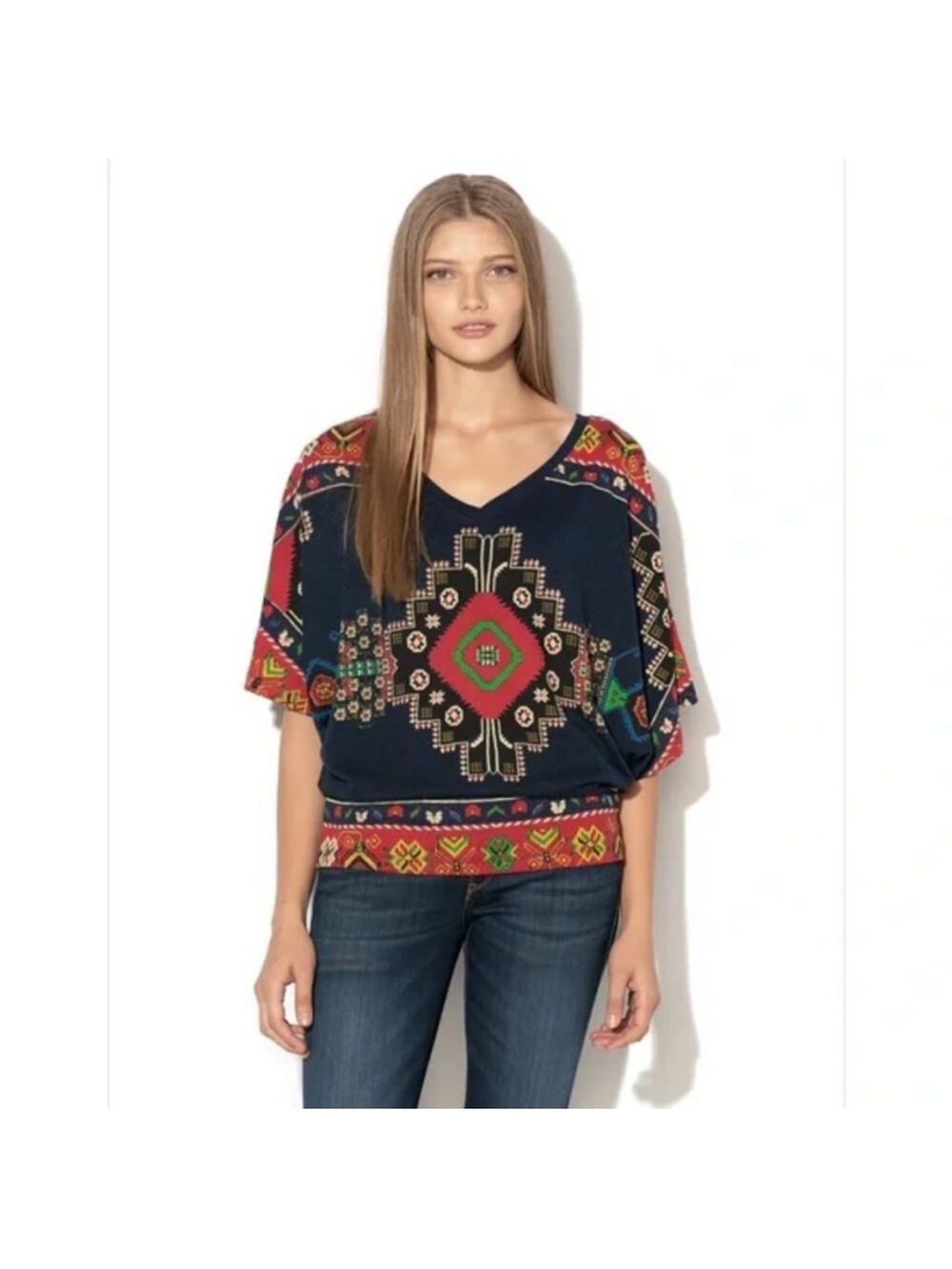 Desigual Paolina Top Wide Sleeves Southwest Aztec Print Tie Back Boho Small